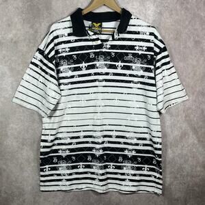 Avirex Polo Shirt Mens Large White Black Striped Short Sleeves Cotton Athleisure